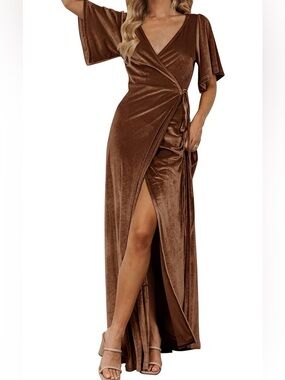 Brown Velvet Wrap Maxi Dress with Side Slit